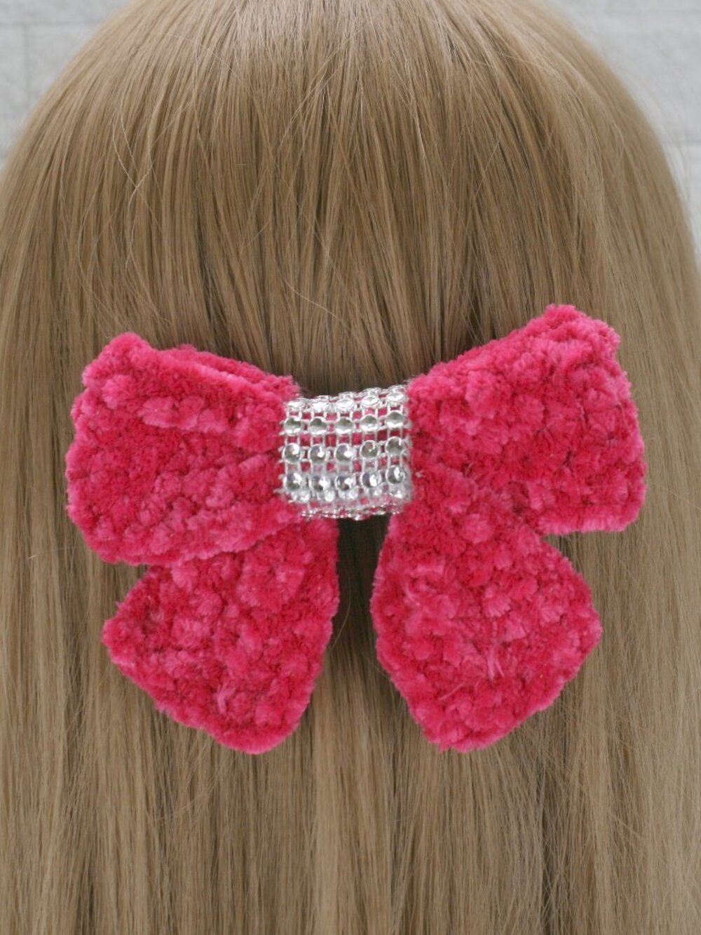 HAND CRAFTED Hair Bow Kids Crochet Chenille Velvet Hair Barrette Oversized Pink